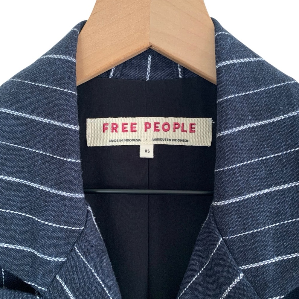 Free People Blue Pinstripe Linen Blend Double Breasted “Ashby” Blazer - Picture 10 of 11